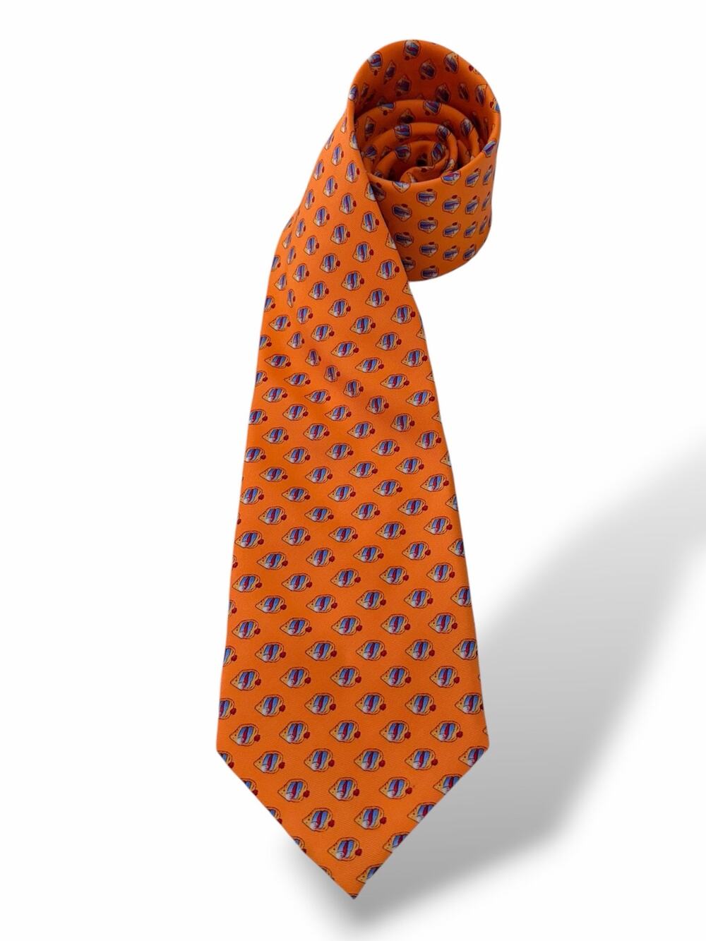 J.CREW Men's Orange Fish Print Silk Necktie Novelty Preppy Summer Yacht Club NEW